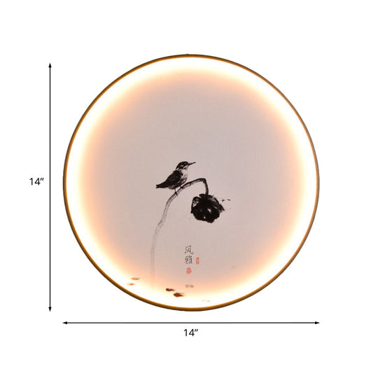 Chinese Style Led Mural Light With Bird And Lotus Design For Dining Room - Black Flush Mount Sconce