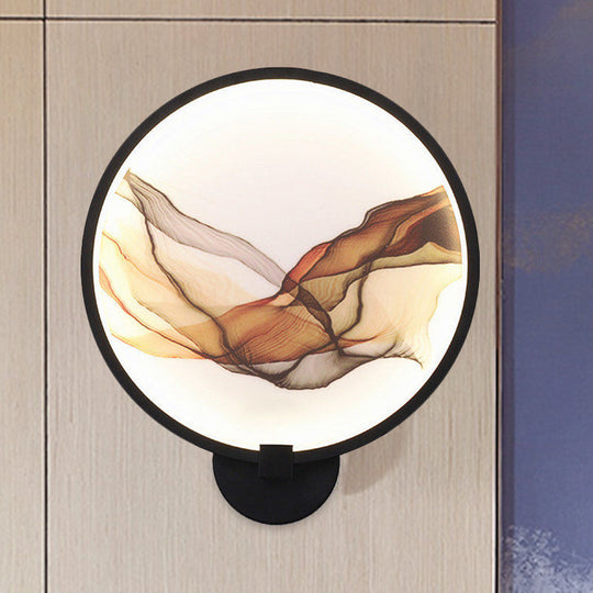 Metallic Led Wall Sconce Light - Brown/Purple Line Art Mural Lighting Asian Style For Bedroom