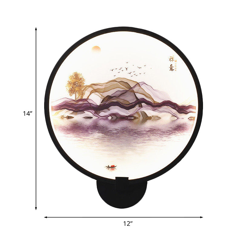 Metallic Led Wall Sconce Light - Brown/Purple Line Art Mural Lighting Asian Style For Bedroom
