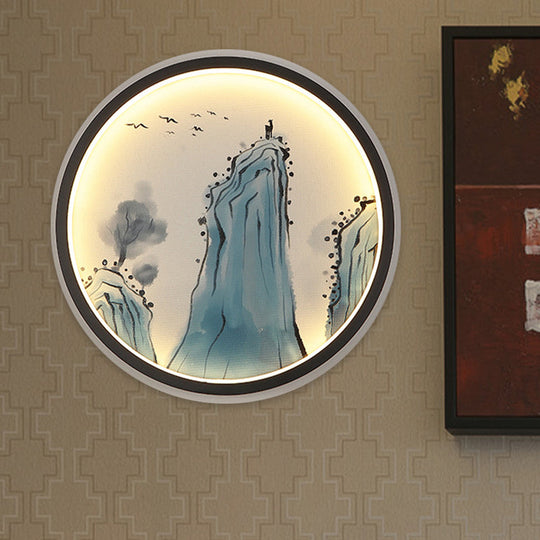 Chinese Aluminum Led Mural Lamp - Blue Mount Tai Drawing Circular Sconce Fixture