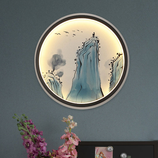 Chinese Aluminum Led Mural Lamp - Blue Mount Tai Drawing Circular Sconce Fixture