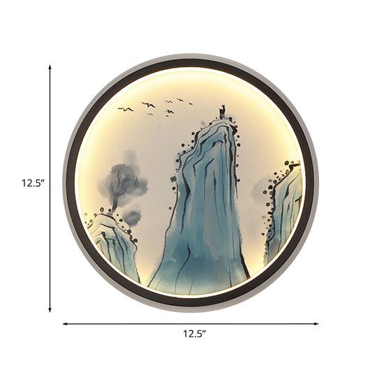Chinese Aluminum Led Mural Lamp - Blue Mount Tai Drawing Circular Sconce Fixture