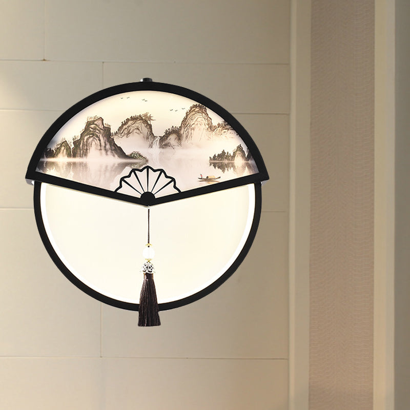 Chinese Metal Black Fan-Shaped Led Wall Lamp With Mountain Scene Mural Light And Tassel Knot Accent