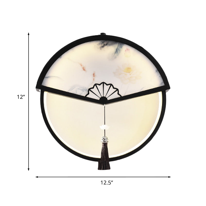 Chinese Metal Black Fan-Shaped Led Wall Lamp With Mountain Scene Mural Light And Tassel Knot Accent