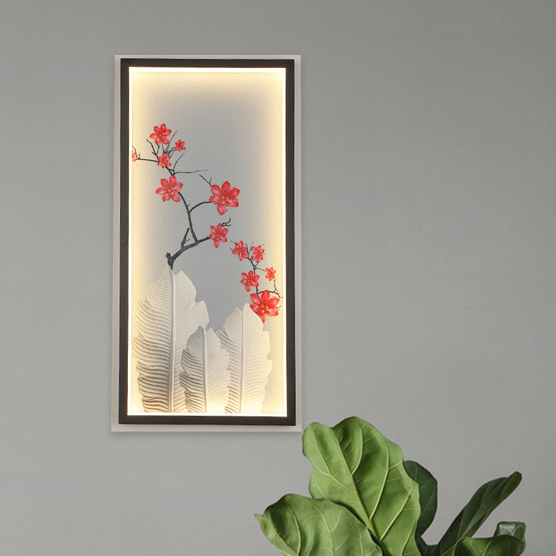 Led Wall Mount Lamp With Banana Leaf And Flower Mural - Asian Aluminum Design In Black