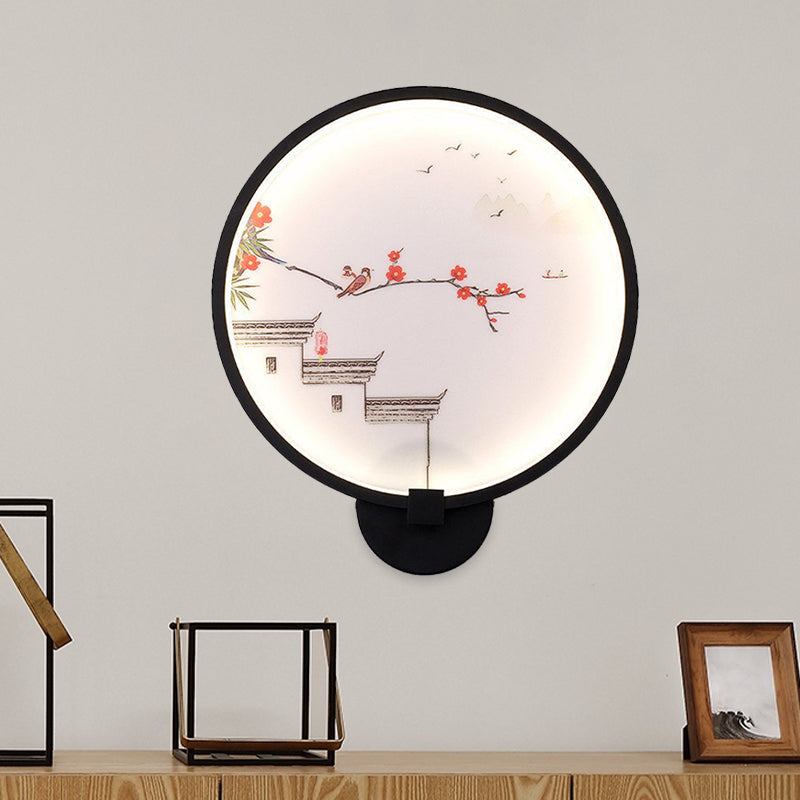 Chinese Ink House/Lotus Mural Led Circle Wall Sconce Light In Black - Acrylic Bedroom / B