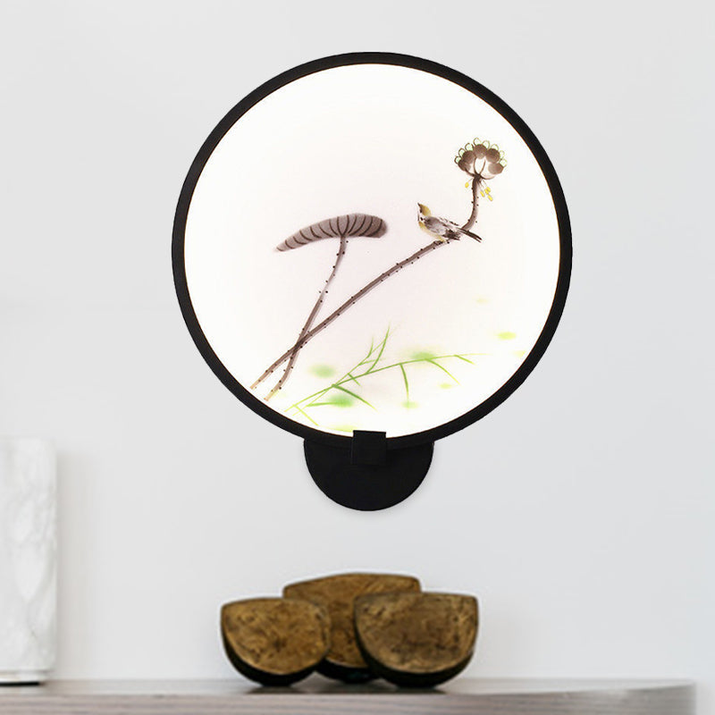 Chinese Ink House/Lotus Mural Led Circle Wall Sconce Light In Black - Acrylic Bedroom