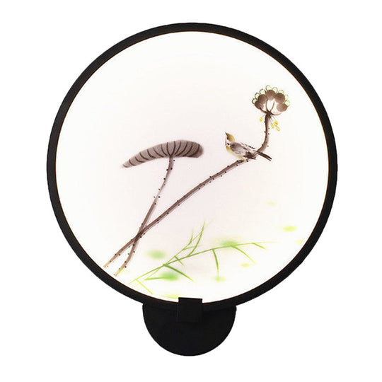 Chinese Ink House/Lotus Mural Led Circle Wall Sconce Light In Black - Acrylic Bedroom