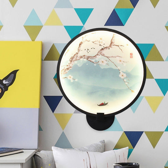 Chinese Style Acrylic Led Wall Sconce In Black Ginkgo/Blooming Plum Mural Light Fixture For Bedrooms