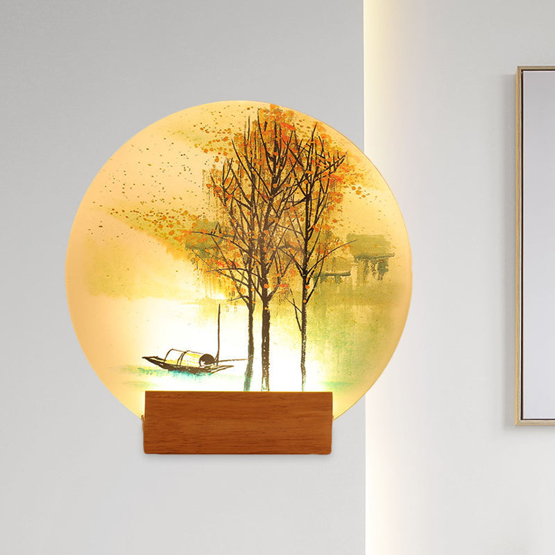 Asian Led Wall Light Sconce With Wooden Arm - Goldfish/Boat Bedside Mural Design Wood / Boat
