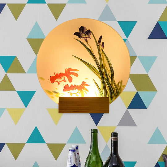 Asian Led Wall Light Sconce With Wooden Arm - Goldfish/Boat Bedside Mural Design