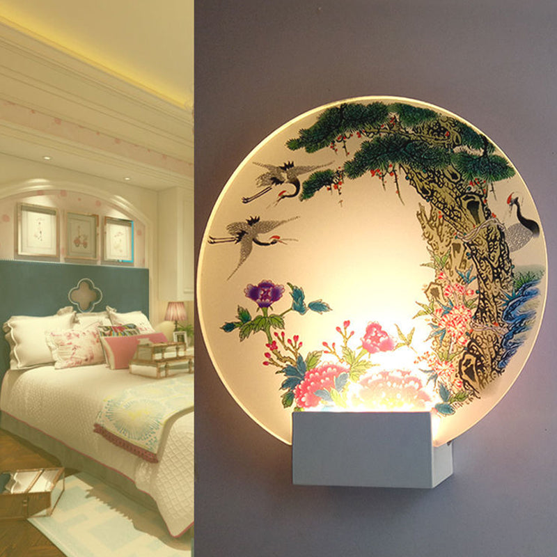 Chinese Led Wall Lamp With Halcyon And Peony Pattern - White Disc Shape