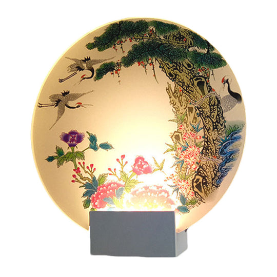 Chinese Led Wall Lamp With Halcyon And Peony Pattern - White Disc Shape