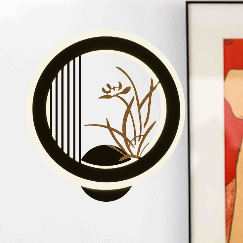 Chinese Acrylic Led Wall Light Fixture In Black For Living Room Décor With Chrysanths/Orchid Flower