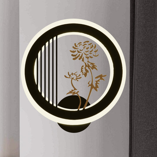 Chinese Acrylic Led Wall Light Fixture In Black For Living Room Décor With Chrysanths/Orchid Flower