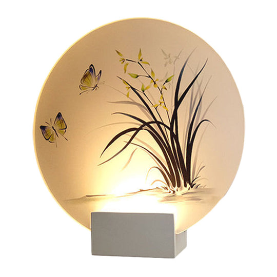 Modern Asian Led Wall Lamp With Moon Shape Butterfly And Orchid Pattern - Acrylic Mount Lighting