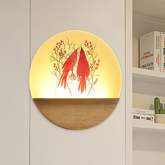 Nordic Wood Sconce With Led Mural Light Deer/Bird Patterned Acrylic Shade - Ideal For Bedroom Wall