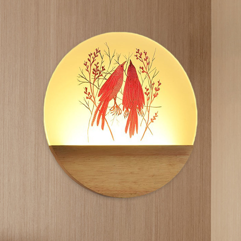 Nordic Wood Sconce With Led Mural Light Deer/Bird Patterned Acrylic Shade - Ideal For Bedroom Wall