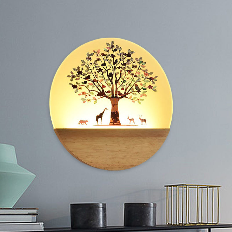 Nordic Led Wall Light With Wood Tree And Animal/Flowering Print Design Acrylic Shade Included