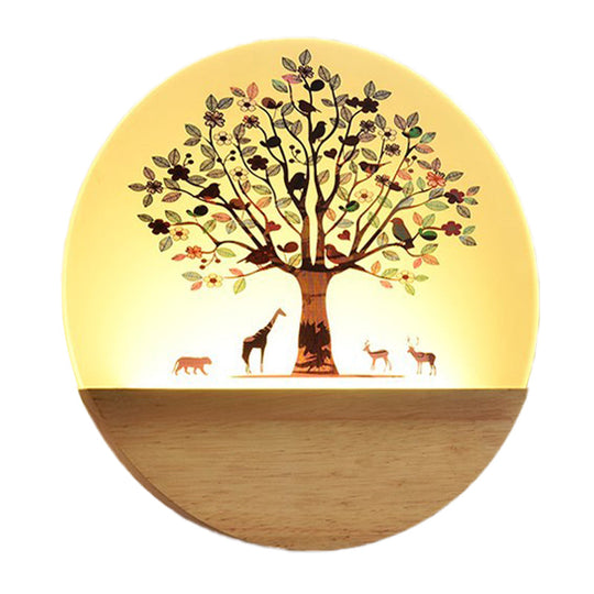 Nordic Led Wall Light With Wood Tree And Animal/Flowering Print Design Acrylic Shade Included