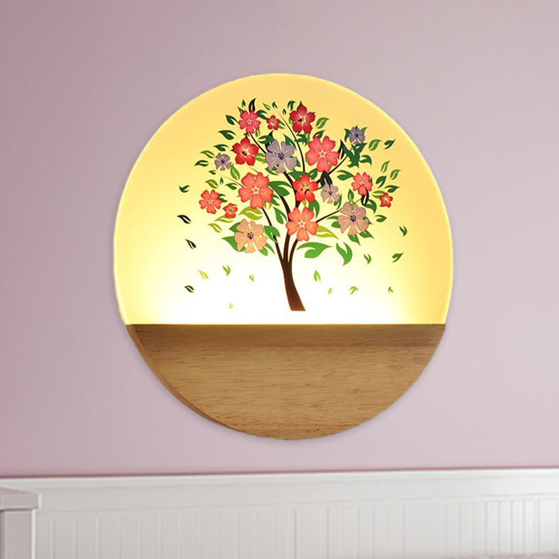 Nordic Led Wall Light With Wood Tree And Animal/Flowering Print Design Acrylic Shade Included