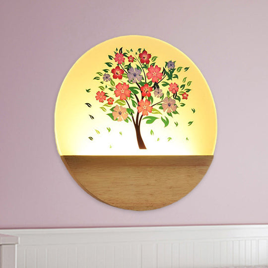 Nordic Led Wall Light With Wood Tree And Animal/Flowering Print Design Acrylic Shade Included