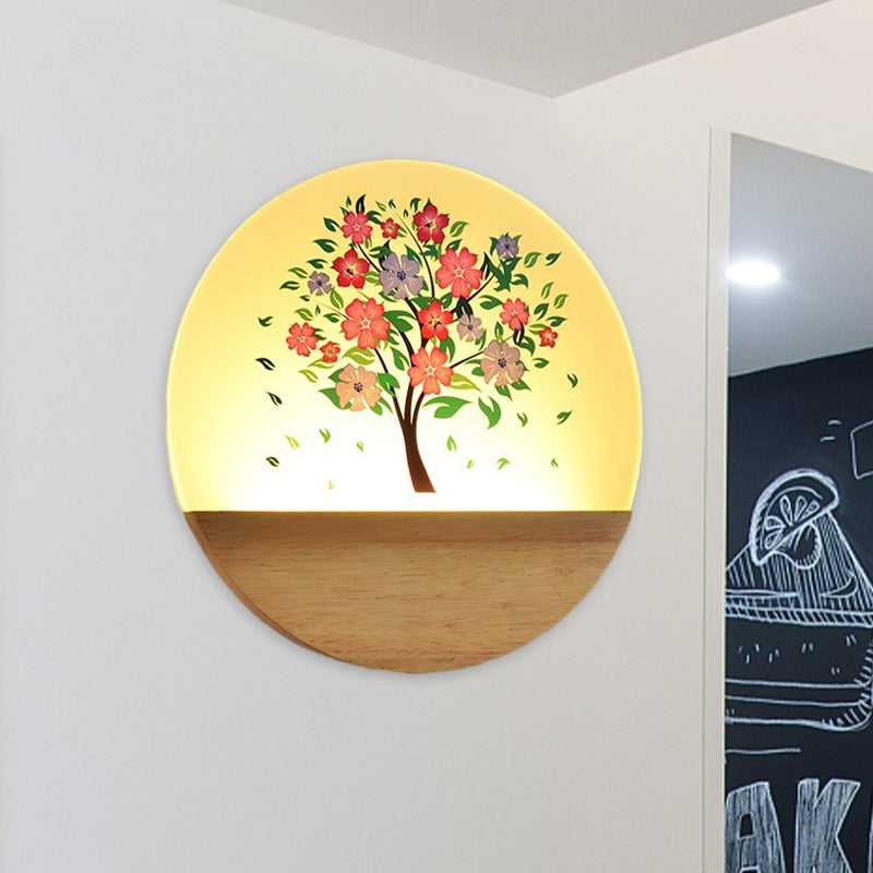 Nordic Led Wall Light With Wood Tree And Animal/Flowering Print Design Acrylic Shade Included