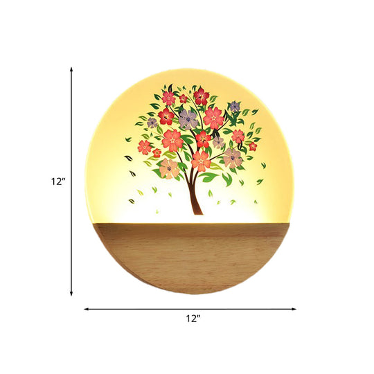 Nordic Led Wall Light With Wood Tree And Animal/Flowering Print Design Acrylic Shade Included