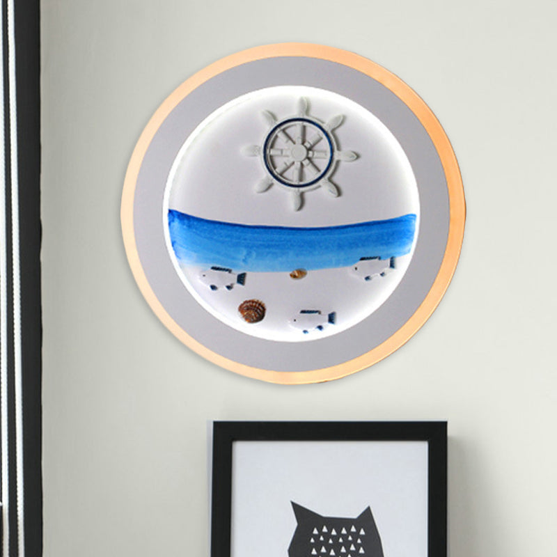 Coastal Scenery Led Round Wall Lamp: White Acrylic Decor For Bedroom