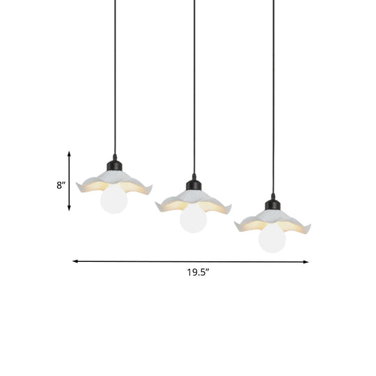 Modern 3-Head Pendant Light With Ruffled Edge In White Metallic Finish - Linear/Round Canopy