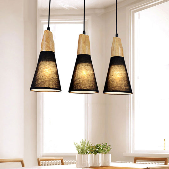 Contemporary Cone Pendant Light With 3 Hanging Lamps And Fabric/Wood Design Black
