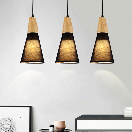 Contemporary White/Black Fabric And Wood Pendant Lamp - 3 Lights Cone Hanging Ceiling Light