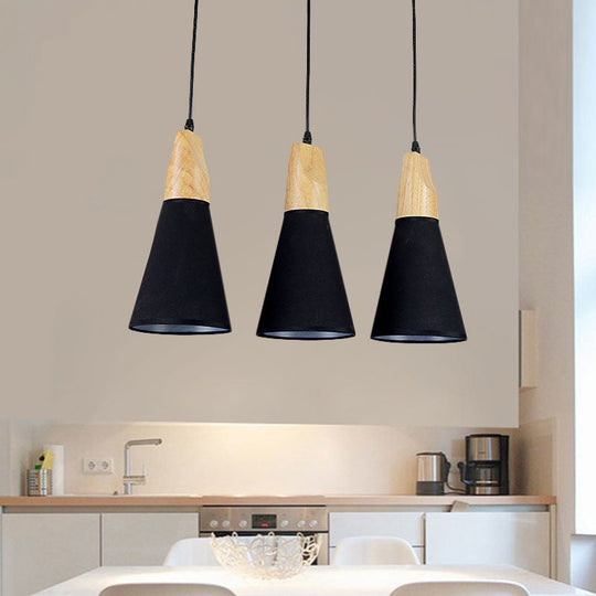 Contemporary Cone Pendant Light With 3 Hanging Lamps And Fabric/Wood Design