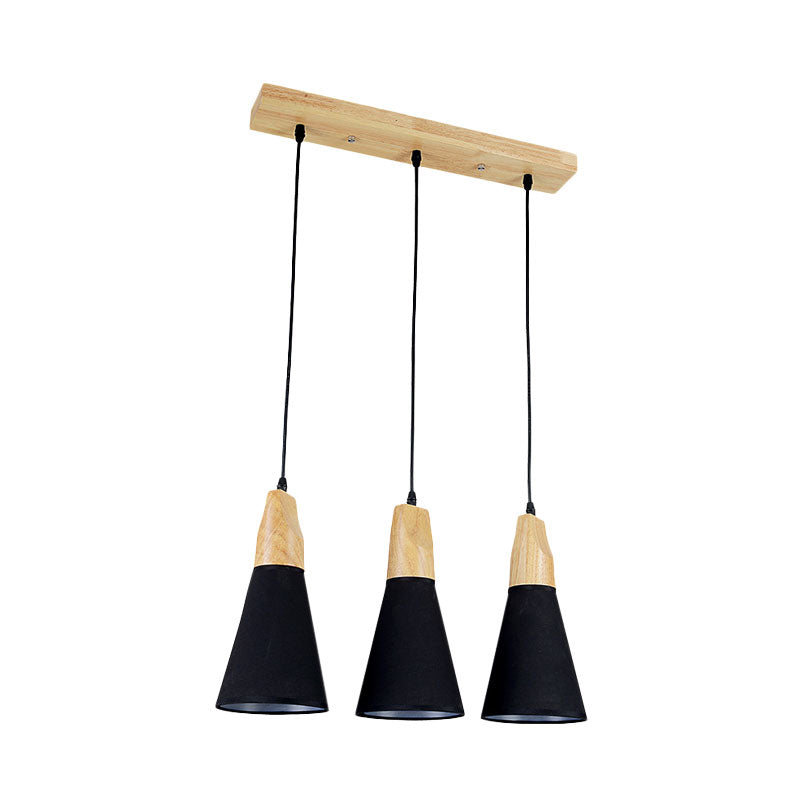 Contemporary Cone Pendant Light With 3 Hanging Lamps And Fabric/Wood Design