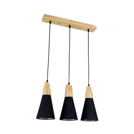 Contemporary Cone Pendant Light With 3 Hanging Lamps And Fabric/Wood Design