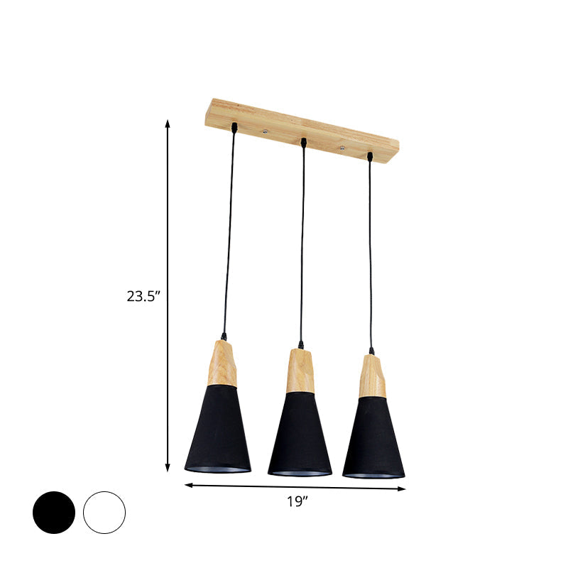 Contemporary White/Black Fabric And Wood Pendant Lamp - 3 Lights Cone Hanging Ceiling Light