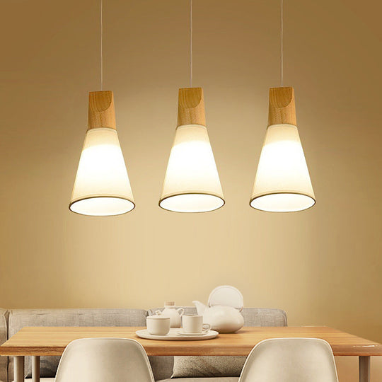 Contemporary White/Black Fabric And Wood Pendant Lamp - 3 Lights Cone Hanging Ceiling Light
