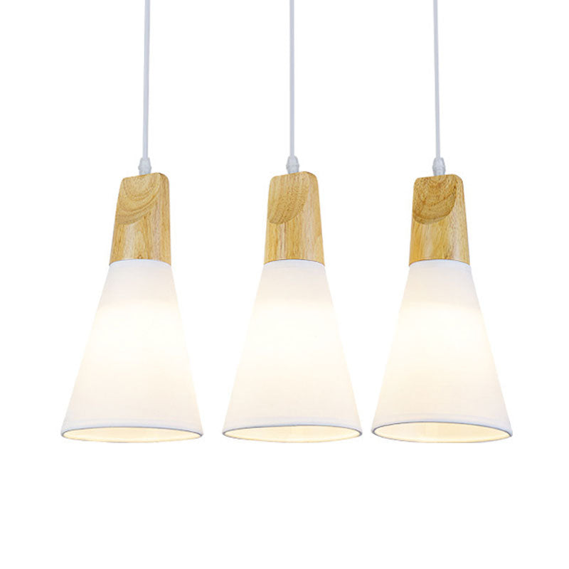 Contemporary White/Black Fabric And Wood Pendant Lamp - 3 Lights Cone Hanging Ceiling Light