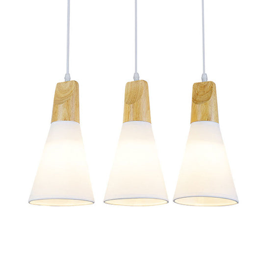 Contemporary White/Black Fabric And Wood Pendant Lamp - 3 Lights Cone Hanging Ceiling Light