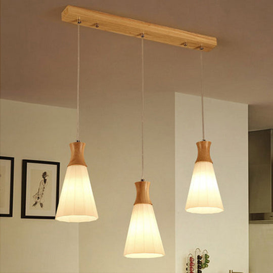 Nordic Style Conic Pendant Lamp With Ribbed Glass Wood And 3 Lights - White / Linear