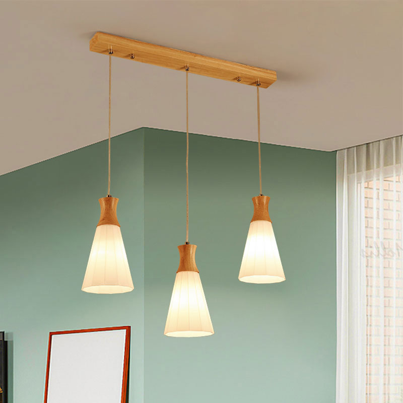Nordic Style Conic Pendant Lamp With Ribbed Glass Wood And 3 Lights - White