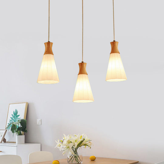 Nordic Style Conic Pendant Lamp With Ribbed Glass Wood And 3 Lights - White