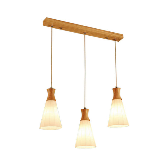 Nordic Style Conic Pendant Lamp With Ribbed Glass And Wood Hangings - 3 Lights White Linear/Round