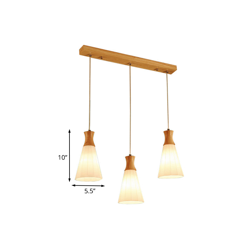 Nordic Style Conic Pendant Lamp With Ribbed Glass And Wood Hangings - 3 Lights White Linear/Round