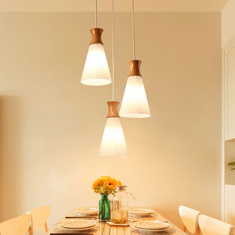Nordic Style Conic Pendant Lamp With Ribbed Glass Wood And 3 Lights - White