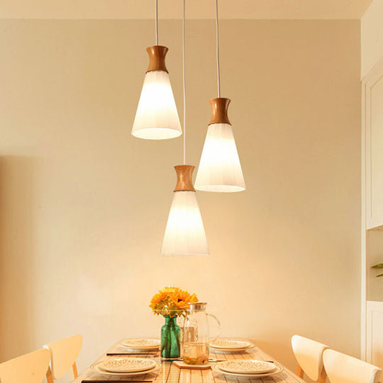 Nordic Style Conic Pendant Lamp With Ribbed Glass Wood And 3 Lights - White