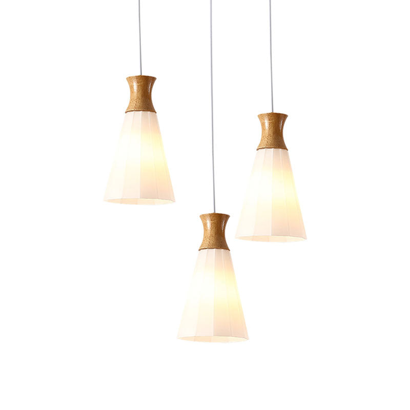 Nordic Style Conic Pendant Lamp With Ribbed Glass Wood And 3 Lights - White