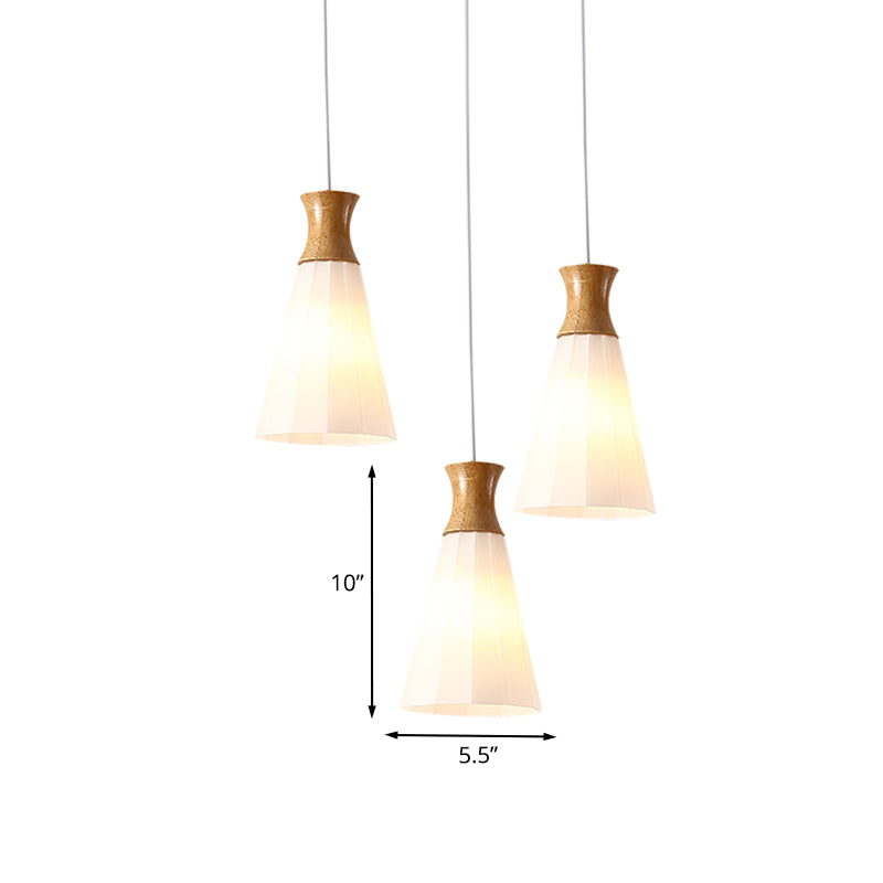 Nordic Style Conic Pendant Lamp With Ribbed Glass And Wood Hangings - 3 Lights White Linear/Round