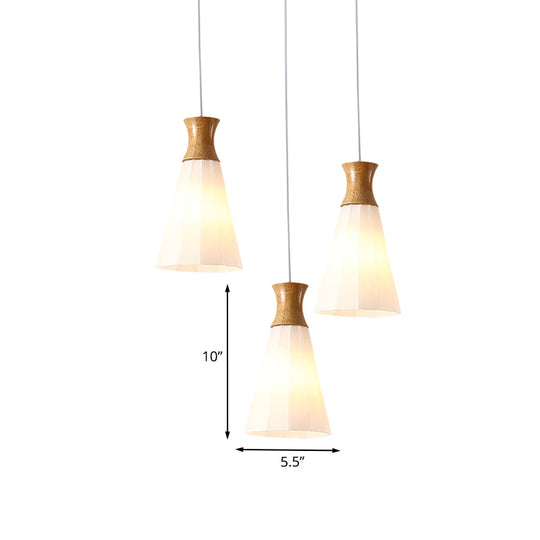 Nordic Style Conic Pendant Lamp With Ribbed Glass Wood And 3 Lights - White