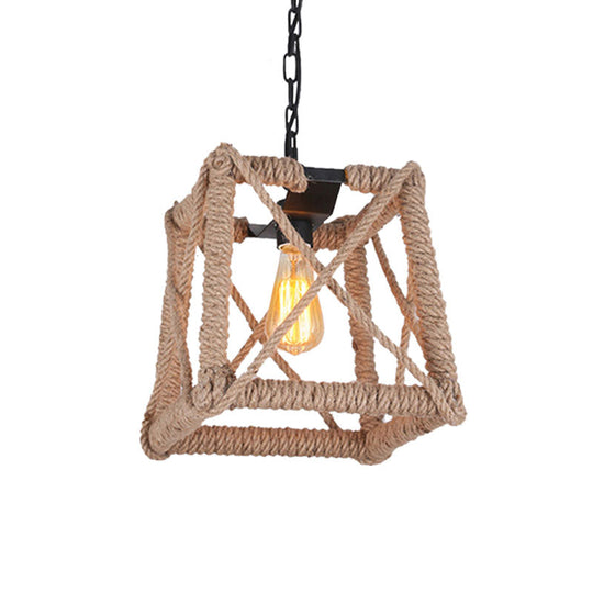 Country Style Black Metal Hanging Ceiling Light With Caged Bulb And Globe/Square Shade – Rope